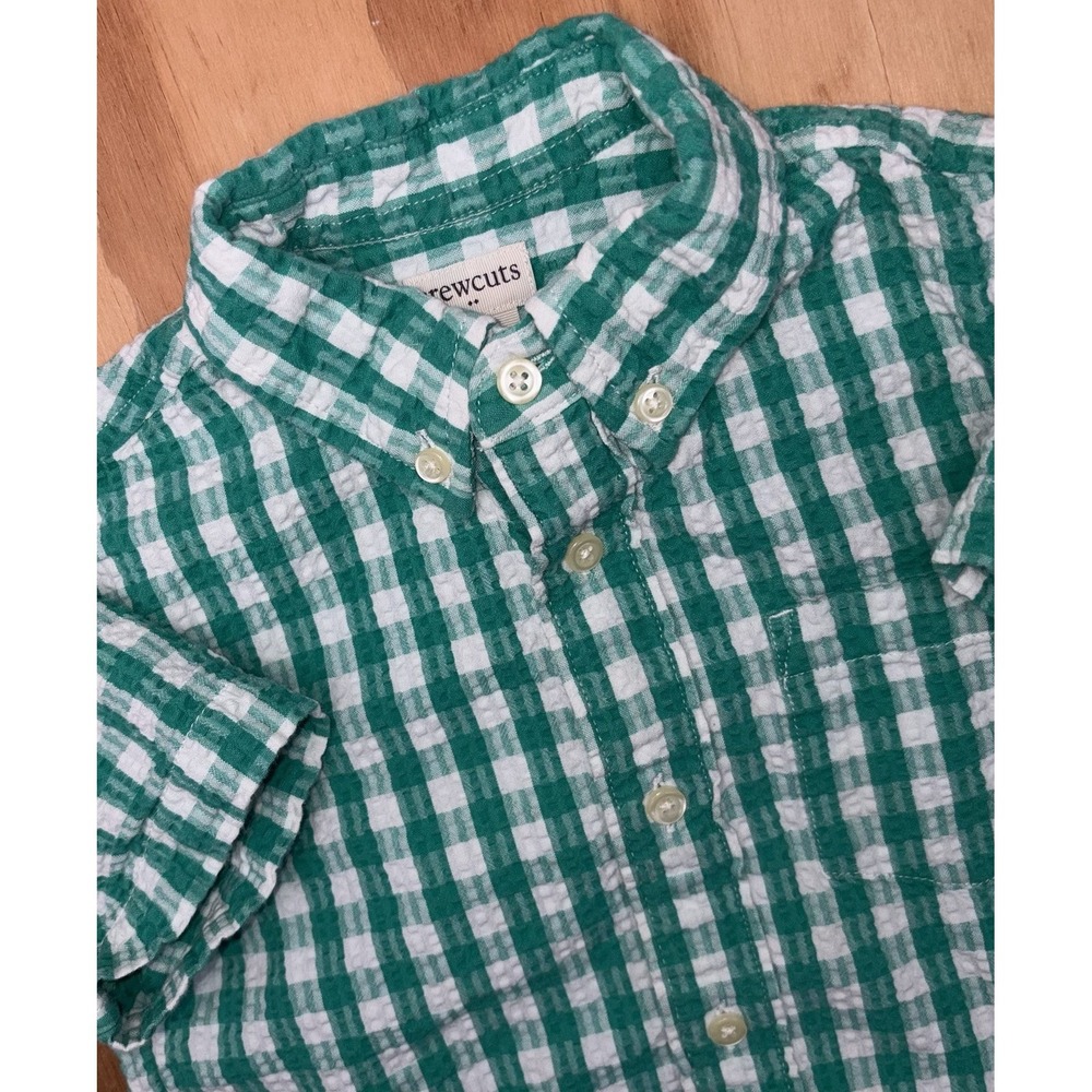 J. Crew Crewcuts Seersucker Short Sleeve Button Down Green Gingham Check 4-5